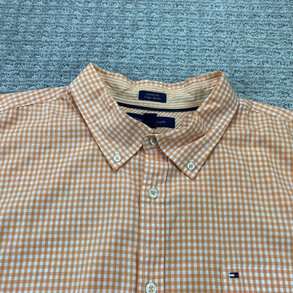 Tommy Hilfiger Shirt Men XXL Orange White Checkered Custom Fit Button Down Polo - Picture 4 of 9